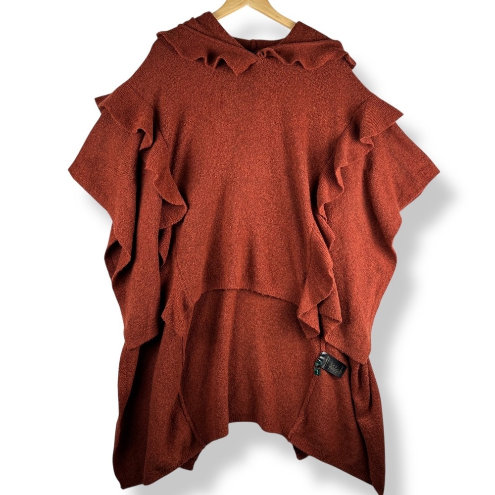 Anthropologie Troubadour Ruffle Knit Hooded Poncho OS Cozy Boho Wool Blend